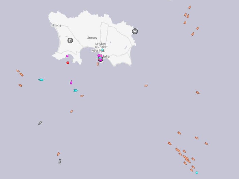 An app tracking maritime movements shows boats dispersing from JerseyMarinetraffic.com