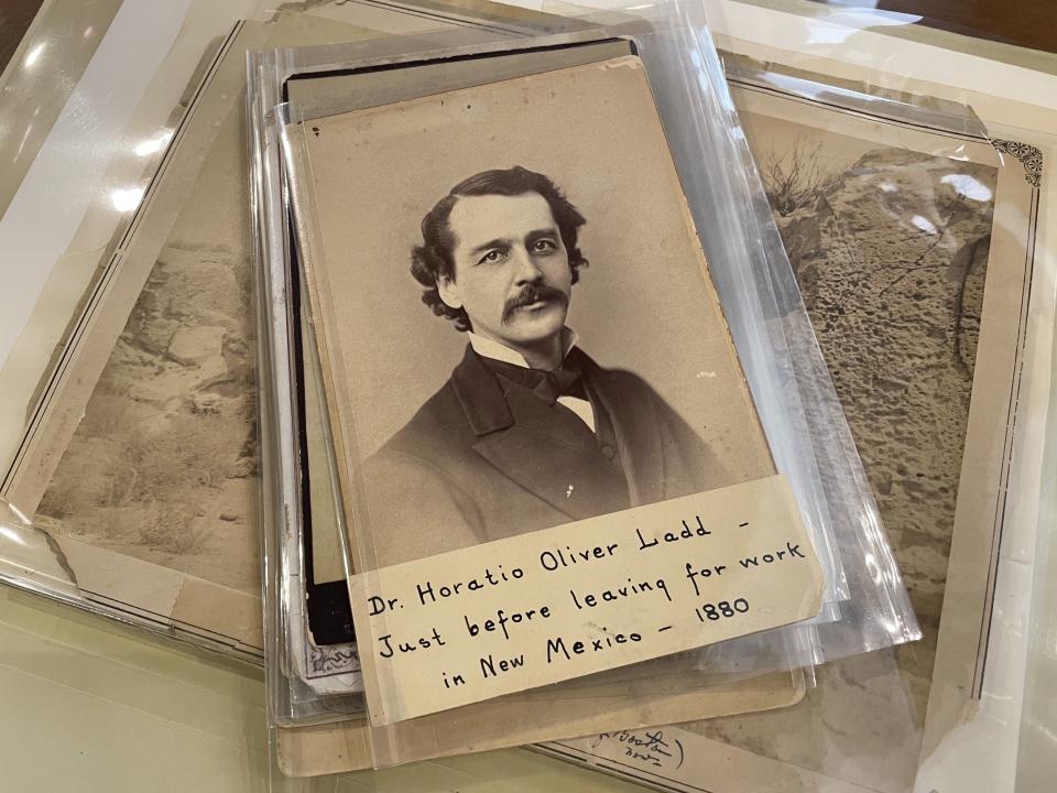 This July 8, 2021 image of a photograph archived at the Center for Southwest Research at the University of New Mexico in Albuquerque, New Mexico, shows Horatio Oliver Ladd, a congregational minister who founded the Ramona Industrial School in Santa Fe. The 19th century image is among many in the Ladd Photograph Collection, which includes photographs related to the Indigenous boarding school. (AP Photo/Susan Montoya Bryan)