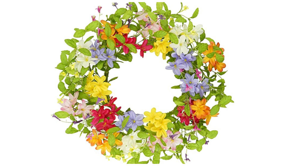 wreath with white, pink, yellow and red flowers