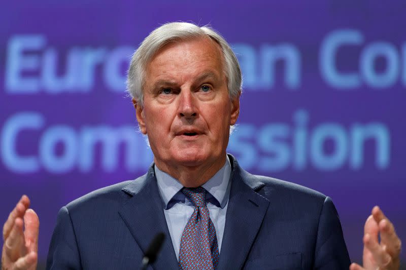 FILE PHOTO: EU's Brexit negotiator Barnier gives a news conference after Brexit negotiations, in Brussels