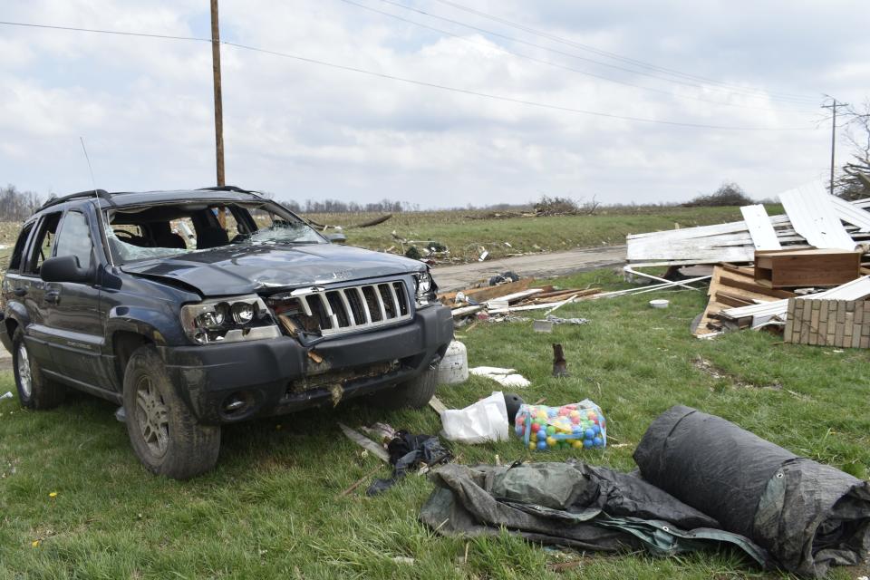 Calvin Bowman's Jeep SUV after the March 31 tornado that destroyed his home