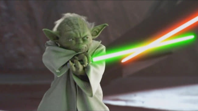 Yoda once wore vampire fangs in a fight with Christopher Lee