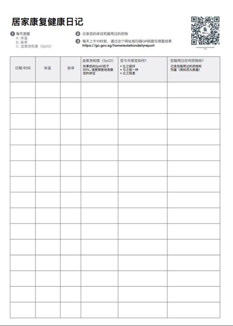 居家康復健康日記。擷取自新加坡居家康復指南