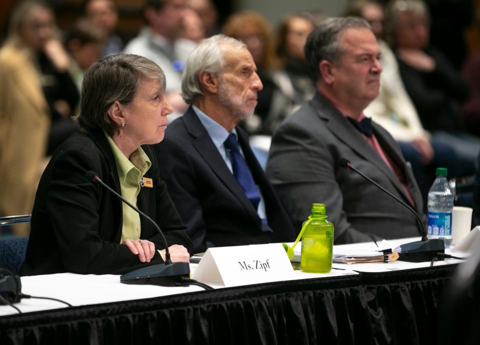 Panelist Cindy Zipf of Clean Ocean Action listens to testimony at an offshore wind hearing at the Wildwood Convention Center on March 16, 2023.