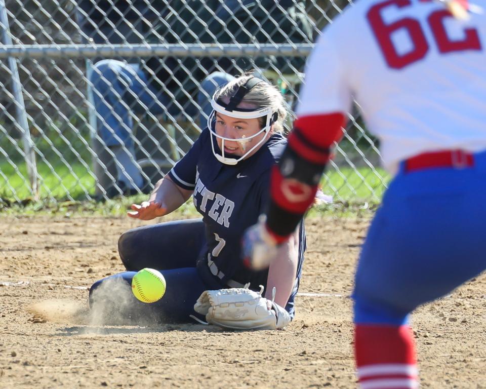 Exeter third baseman Kristin Bickford dives to try a catch a bunt attempt by Winnacunnet's Arden Langmaid during Friday's Division I softball game.