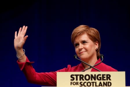 Scotland's First Minister Nicola Sturgeon gestures during her speech at the SNP autumn conference in Aberdeen, Scotland