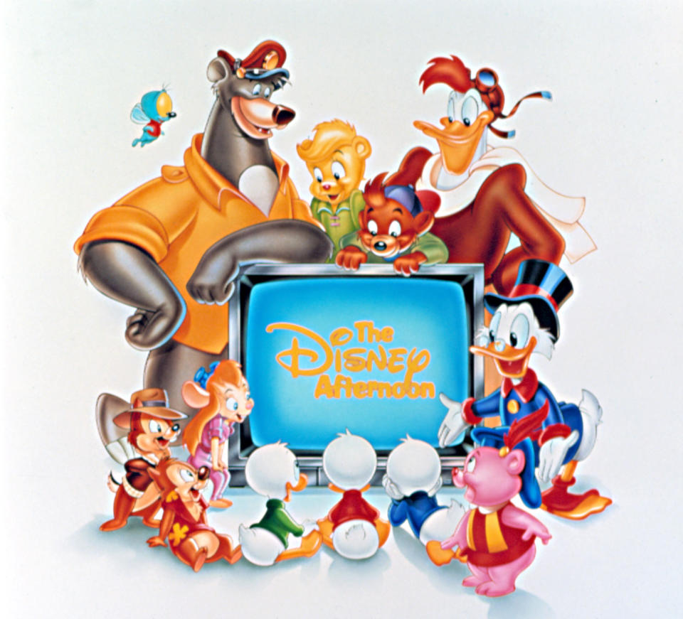 the chipmunks, scrooge, and other disney characters surrounding a TV that reads The Disney Afternoon