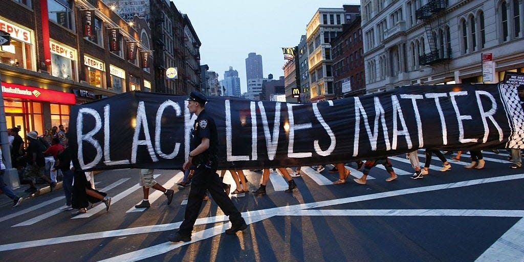 A police officer patrols during a protest in support of the Black lives matter movement in New York on July 09, 2016.
