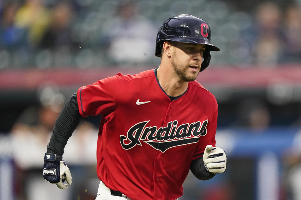 Cleveland Indians' Ernie Clement runs the bases after hitting a solo home run in the second inning of a baseball game against the Kansas City Royals, Tuesday, Sept. 21, 2021, in Cleveland. (AP Photo/Tony Dejak)