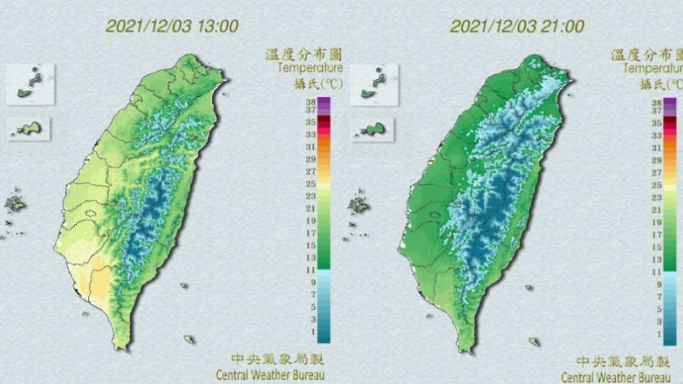 全台各地愈晚愈冷，北部地區明顯「發白」。（圖／中央氣象局）