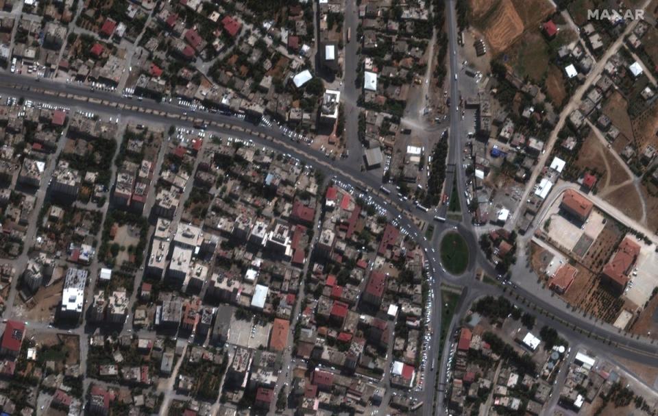 Downtown Nurdagi before the earthquake, Turkey. (Satellite image ©2023 Maxar Technologies.)