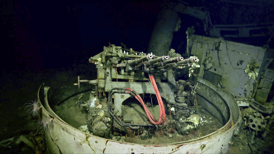 This photo provided by Paul G. Allen’s Vulcan Inc. shows anti-aircraft guns at the wreckage of the USS Hornet. A research vessel funded by the late Seattle billionaire Paul Allen has discovered the wreckage of the aircraft carrier sunk in the South Pacific during World War II. Allen's Vulcan Inc. announced this week of Feb. 10, 2019, that an autonomous submarine sent by the crew of the research vessel Petrel found the USS Hornet nearly 17,500 feet (5,400 meters) deep near the Solomon Islands. The Hornet was best known for its part in the Doolittle Raid in April 1942, the first air attack on Japan. (Paul G. Allen’s Vulcan Inc. via AP)