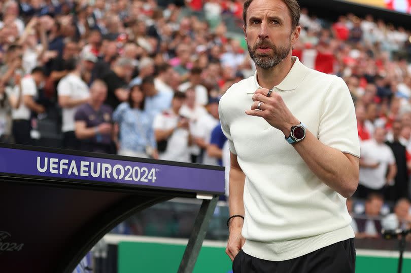England head coach Gareth Southgate during the UEFA EURO 2024 group stage match between Denmark and England at Frankfurt Arena in Germany