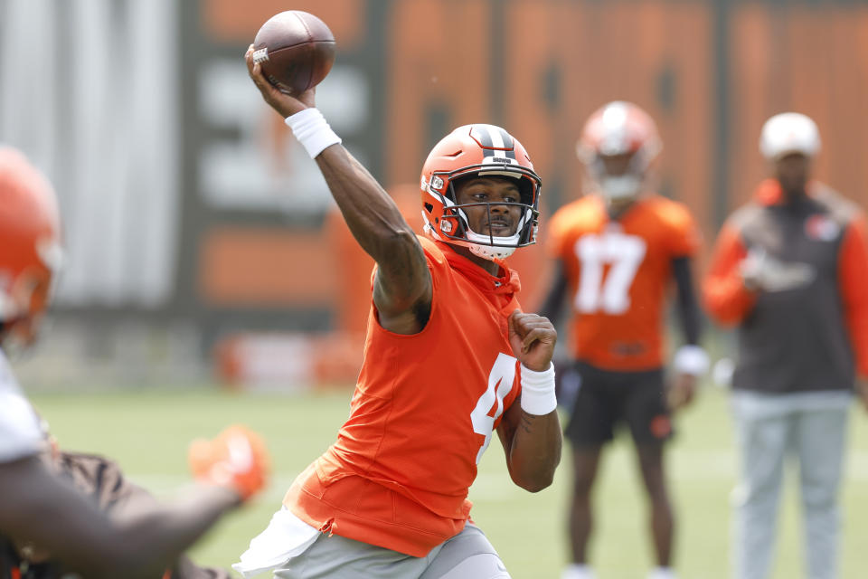 Cleveland Browns quarterback Deshaun Watson takes part in drills at the NFL football team's practice facility Wednesday, June 7, 2023, in Berea, Ohio. (AP Photo/Ron Schwane)