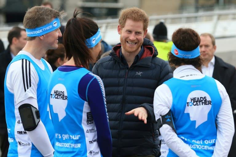 Prince Harry attends a training session for runners taking part in the London Marathon on behalf of the Heads Together campaign, this year's official marathon charity
