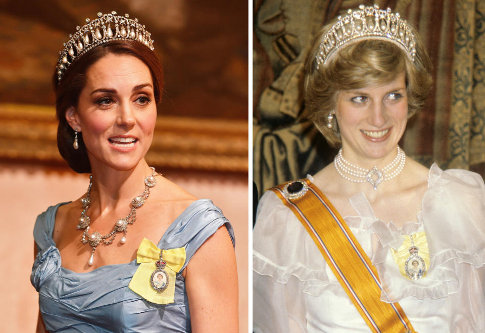 File photo dated 23/10/2018 of the Duchess of Cambridge at the State Banquet for King Willem-Alexander of the Netherlands at Buckingham Palace and file photo dated 17/11/1082 Diana, Princess of Wales at the State Banquet for Queen Beatrix of the Netherlands at at Hampton Court Palace, wearing the same diamond and pearl Cambridge Lover's Knot tiara once owned by the Princess.