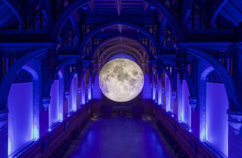 Luke Jerram’s “Museum of the Moon” at the University of Bristol in the Great Hall of the Wills Memorial Building.