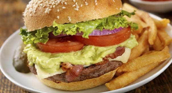 The Guacamole Bacon Burger with Lettuce, Tomato, Red Onion, Cheese and Fries-Photographed on Hasselblad H3D2-39mb Camera