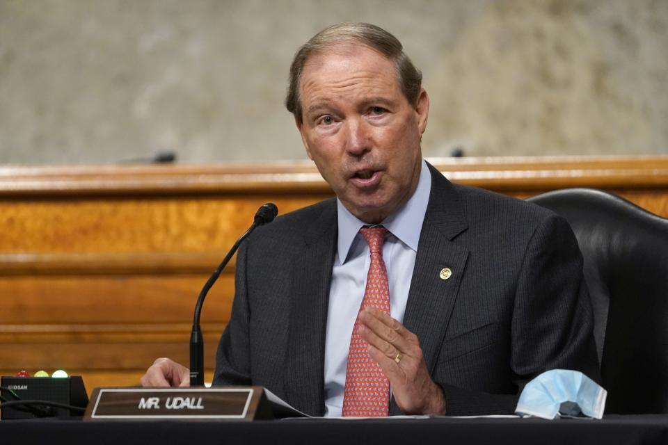 FILE - In this Sept. 24, 2020, file photo, Sen. Tom Udall, D-N.M., speaks during a Senate Foreign Relations Committee hearing on Capitol Hill in Washington on U.S. policy in a changing Middle East. Democratic U.S. senators from New Mexico have frozen the nomination process for two U.S. District Court vacancies until after the November election, citing the president's politicization of the process. Sens. Tom Udall, who is not running for re-election as he retires at the end of the year, and Martin Heinrich, not seen, put the brakes on appointments prior to the death of Justice Ruth Bader Ginsburg, in response a Trump appearance at the White House to promote his future judiciary appointments and denounce a radical leftwing movement. (AP Photo/Susan Walsh, Pool, File)