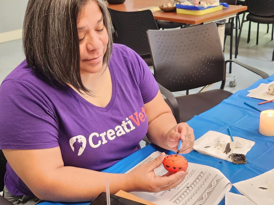 Maria Hernandez local veteran, creates her Pysanka and invites veterans to her upcoming Amarillo Warriors Heart for Art: Glass Blowing Workshop, held Dec. 9 from 10 a.m. to noon held at the Sunset Center located at 3701 Plains Blvd.