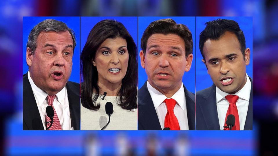 PHOTO: Republican presidential candidates, Chris Christie, Nikki Haley, Florida Gov. Ron DeSantis and Vivek Ramaswamy participate in the Republican Presidential Primary Debate, Dec. 6, 2023, in Tuscaloosa, Ala. (Reuters/Getty Images)