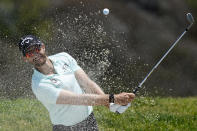 Patrick Rodgers plays a shot from a bunker on the 16th hole during the first round of the U.S. Open Golf Championship, Thursday, June 17, 2021, at Torrey Pines Golf Course in San Diego. (AP Photo/Marcio Jose Sanchez)