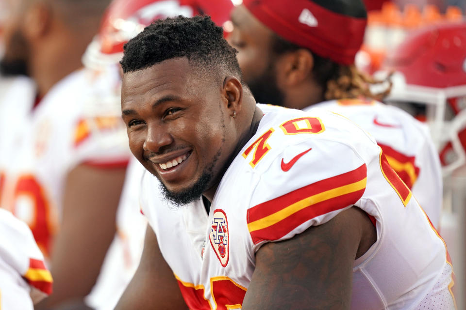 Aug 14, 2021; Santa Clara, California, USA; Kansas City Chiefs offensive tackle Prince Tega Wanogho (70) sits on the bench during the third quarter against the San Francisco 49ers at Levi’s Stadium. Mandatory Credit: Darren Yamashita-USA TODAY Sports