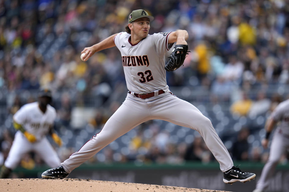 Arizona Diamondbacks starting pitcher Brandon Pfaadt delivers during the first inning of a baseball game against the Pittsburgh Pirates in Pittsburgh, Saturday, May 20, 2023. (AP Photo/Gene J. Puskar)