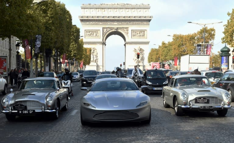 The Aston Martin DB10, shown here driving down the Champs Elysees in Paris to promote the James Bond film "Spectre" in 2015