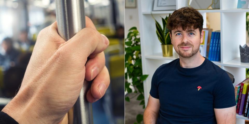 Hand holding onto a train rail (left) and psychotherapist Joshua Fletcher (right)