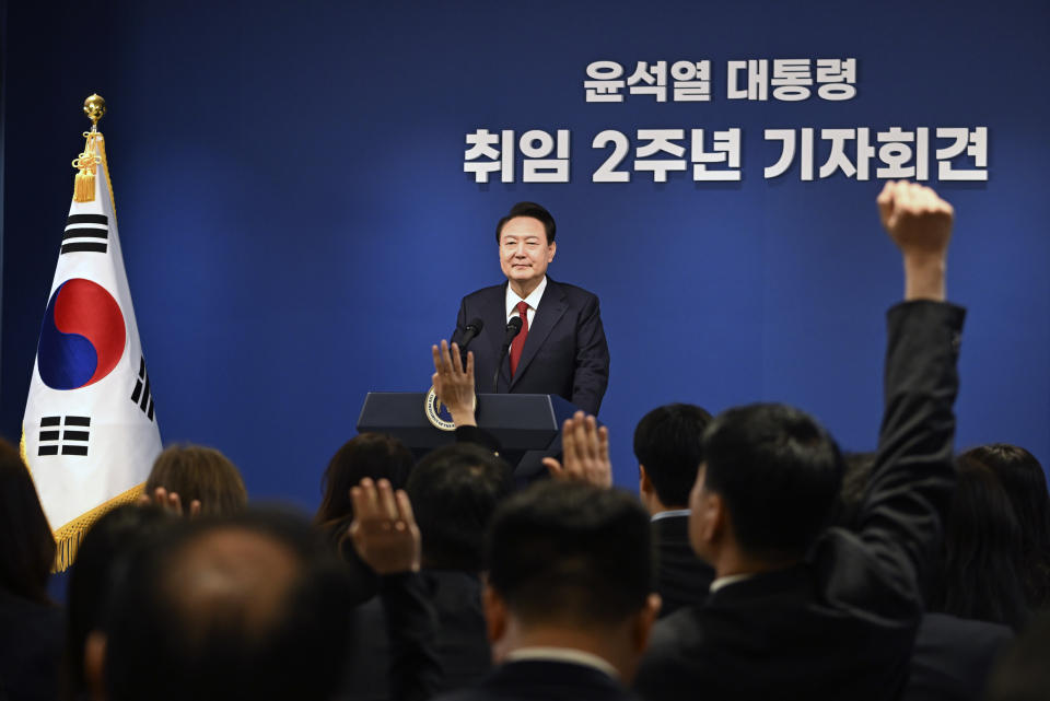 South Korean President Yoon Suk Yeol attends a press conference marking his second year in office at the presidential office in Seoul, South Korea Thursday, May 9, 2024. (Song Kyung-seok/Pool Photo via AP)