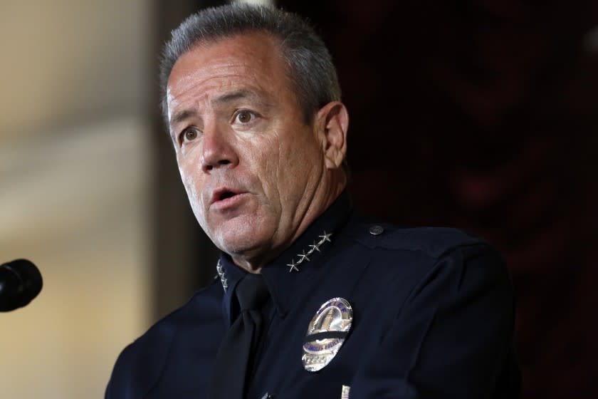 LOS ANGELES, CA - JULY 27: Police Chief Michel Moore speaks during a press conference to announce the expansion of LAPD's signature community policing program in City Hall on Monday, July 27, 2020 in Los Angeles, CA. (Dania Maxwell / Los Angeles Times)