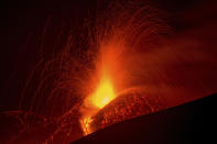 <p>Mount Etna, Europe’s most active volcano, spews lava during an eruption, near the Sicilian town of Catania, southern Italy, Tuesday, Feb. 28, 2017. The eruption was not dangerous and the airport of Catania is still open and fully operating. (Salvatore Allegra/AP) </p>