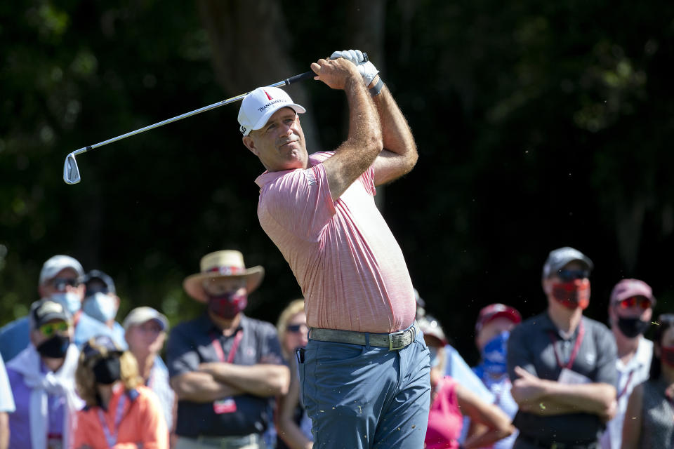 Stewart Cink eyes his drive off the ninth tee during the third round of the RBC Heritage golf tournament in Hilton Head Island, S.C., Saturday, April 17, 2021. (AP Photo/Stephen B. Morton)