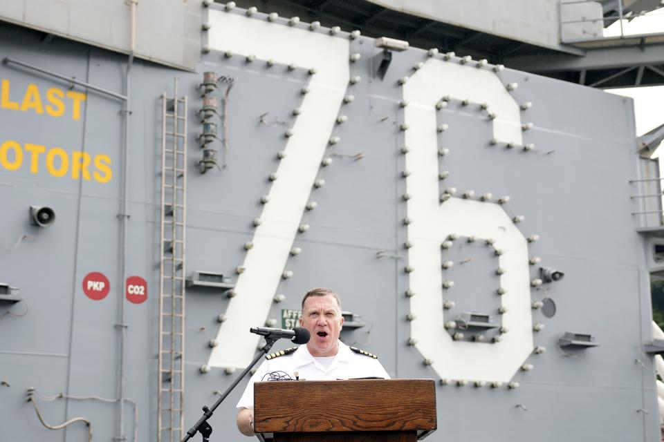Capt. Daryle Cardone, commanding officer of the U.S. navy aircraft carriers USS Ronald Reagan (CVN-76) delivers a speech at the U.S. navy's Yokosuka base Thursday, May 16, 2024, in Yokosuka, south of Tokyo. This is the ship's final departure from Yokosuka before transiting back to the United States. (AP Photo/Eugene Hoshiko)