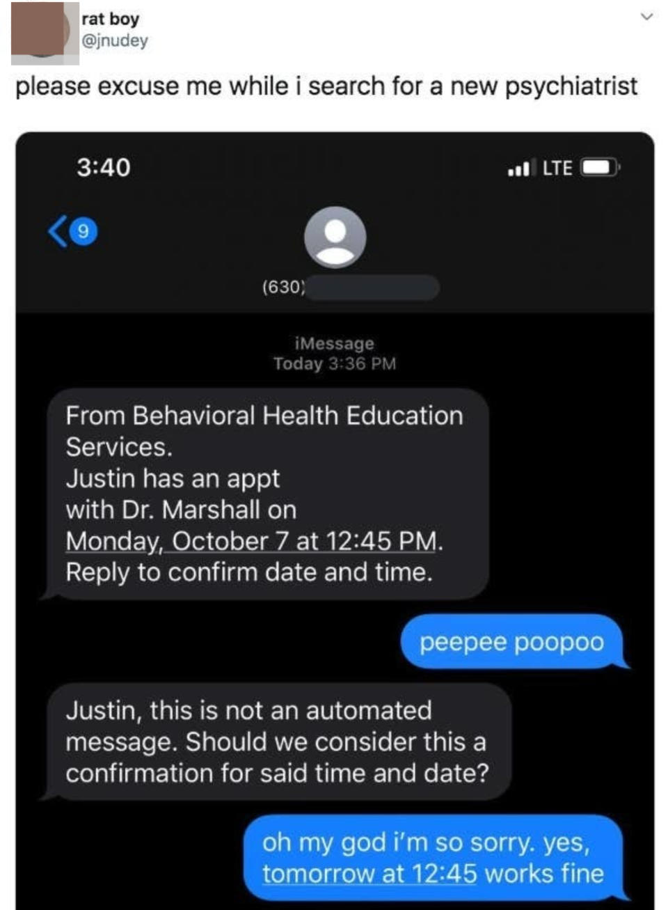 Tweet of a person replying "peepee poo poo" to what they think is an automated text but is actually from a behavioral health doctor