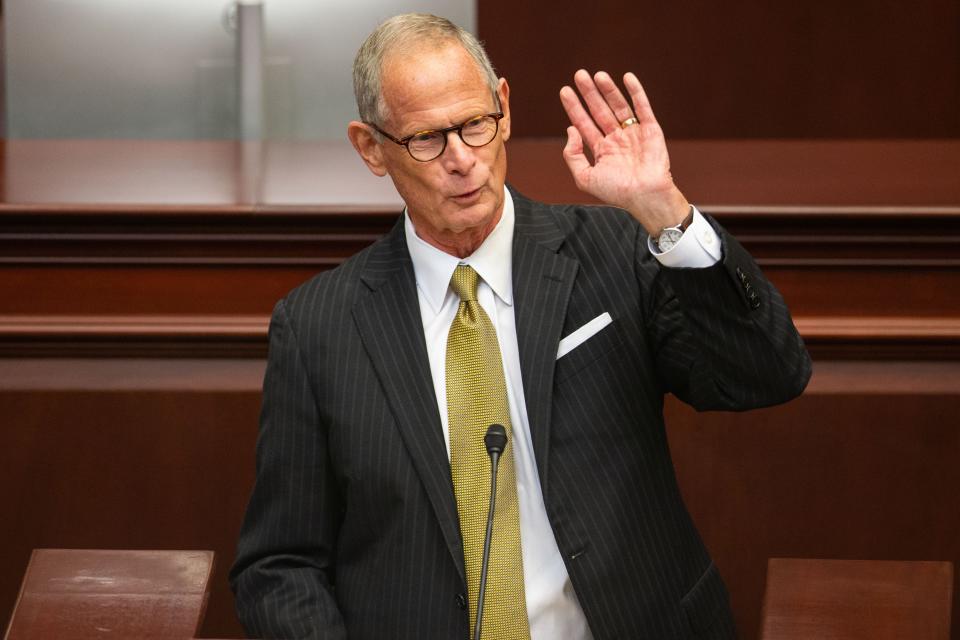 Paul Tash, the retired editor and chairman of the Tampa Bay Times, speaks at a memorial service held for Lucy Morgan in the Chamber of the Florida House of Representatives on Friday, Sept. 29, 2023.