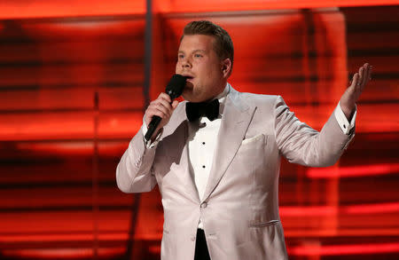 FILE PHOTO: Show host James Corden speaks at the 59th Annual Grammy Awards in Los Angeles, California, U.S. on February 12, 2017. REUTERS/Lucy Nicholson/File Photo