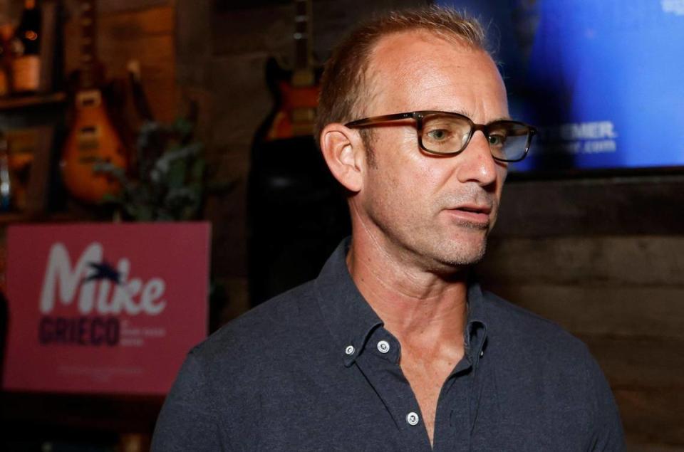 Mike Grieco speaks to supporters during an election watch party at Miami Beach’s South Pointe Tavern on Tuesday, Nov. 7, 2023.