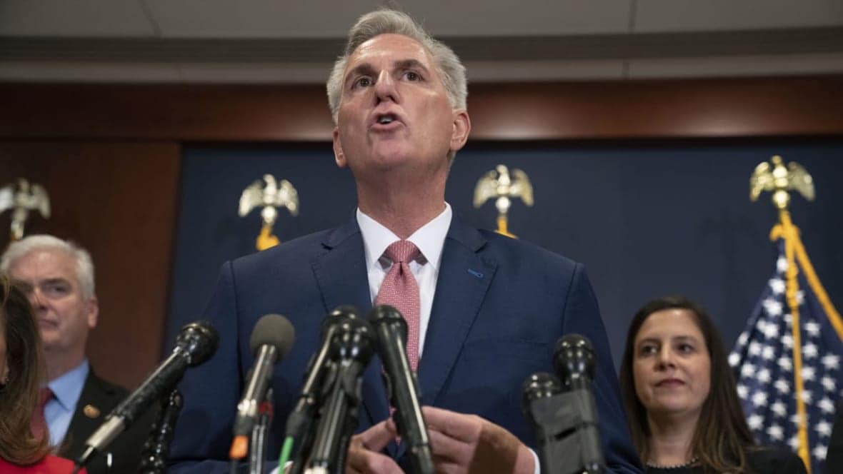 House Minority Leader Kevin McCarthy of California, talks the media, Nov. 15, 2022, after voting on top House Republican leadership positions, on Capitol Hill in Washington. Rep. Elise Stefanik (R-N.Y.) is at right. (AP Photo/Jacquelyn Martin)