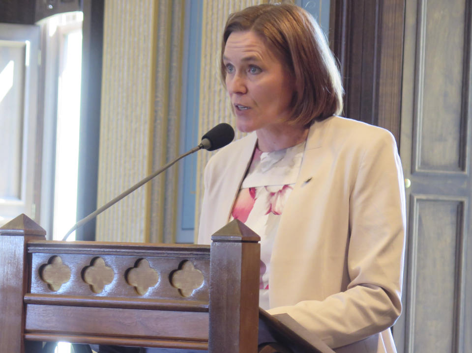 State Sen. Winnie Brinks, D-Grand Rapids, speaks in opposition to anti-abortion legislation on Tuesday, May 14, 2019, at the Capitol in Lansing, Mich. Democratic Gov. Gretchen Whitmer vows to veto the bills. (AP Photo/David Eggert)