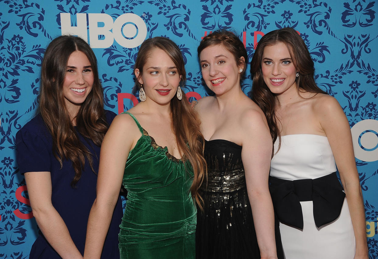 NEW YORK, NY - APRIL 04:  Zosia Mamet, Jemima Kirke, producer Lena Dunham and Allison Williams attend the HBO with the Cinema Society host the New York premiere of HBO's 