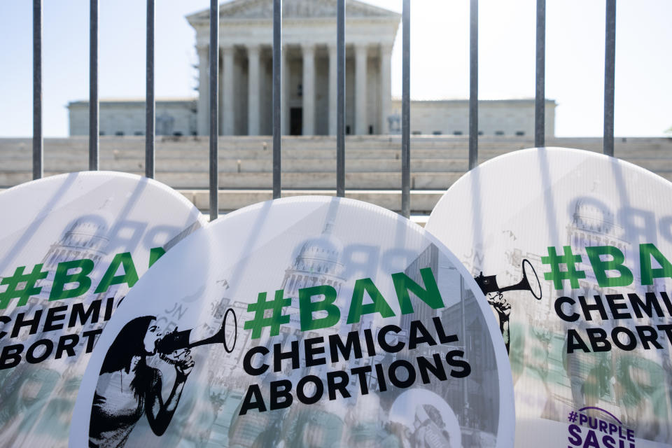 WASHINGTON - APRIL 19: A billboard opposing abortion pills is placed outside the Supreme Court in Washington, Wednesday, April 19, 2023. The court will decide whether to block a lower court ruling restricting access to the abortion drug mifepristone.  (Bill Clark/CQ-Roll Call, Inc, via Getty Images)