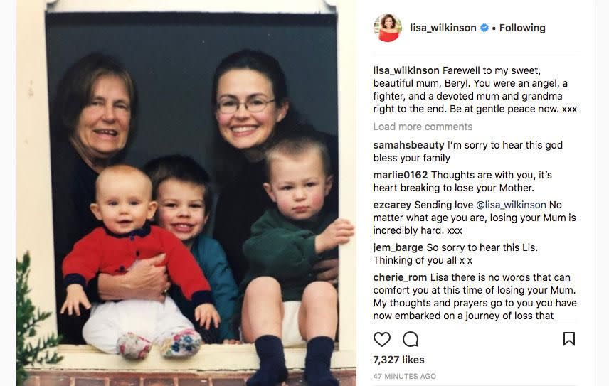 It's a sad time for Lisa Wilkinson who has shared her mother has tragically passed away. Source: Instagram/lisa_wilkinson