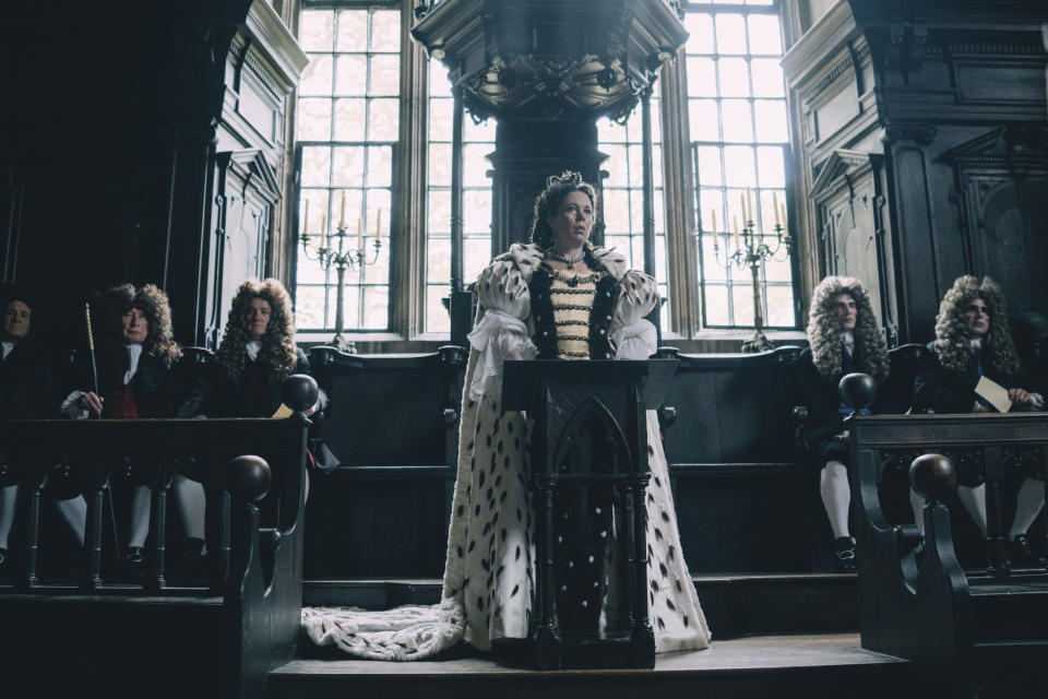 This image released by Fox Searchlight Films shows Olivia Colman in a scene from the film "The Favourite." The film is nominated for an Oscar for best picture. The 91st Academy Awards will be held on Sunday. (Atsushi Nishijima/Fox Searchlight Films via AP)