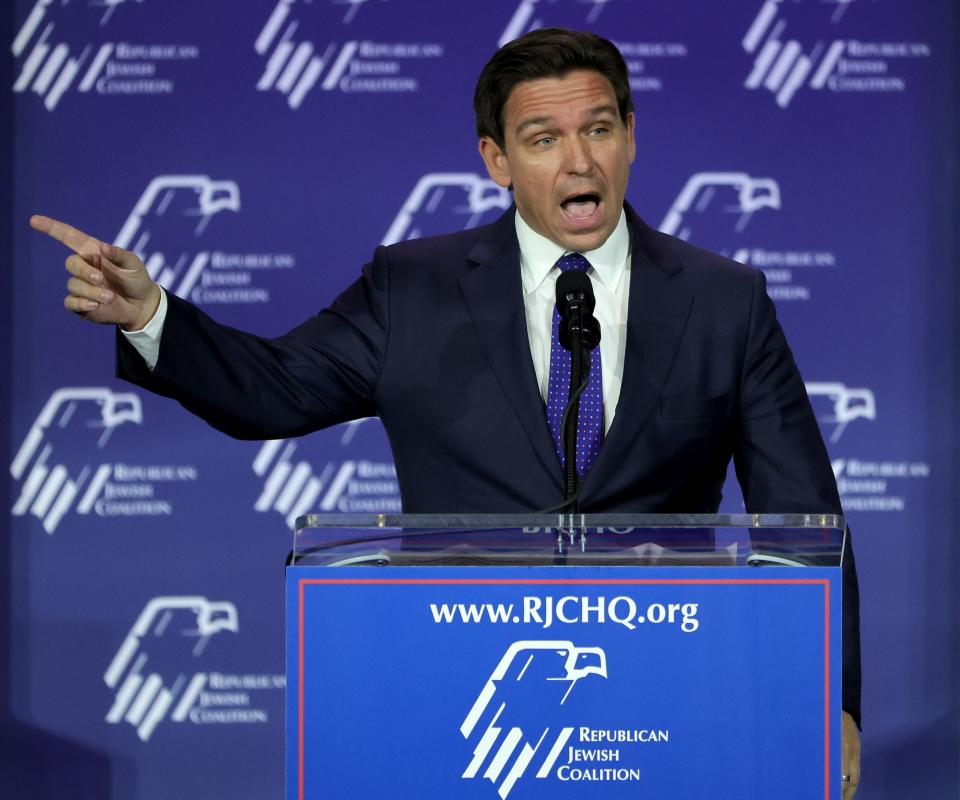 LAS VEGAS, NEVADA - OCTOBER 28: Republican presidential candidate Florida Gov. Ron DeSantis speaks during the Republican Jewish Coalition's Annual Leadership Summit at The Venetian Resort Las Vegas on October 28, 2023 in Las Vegas, Nevada. The summit features the top GOP presidential candidates who will face their first test on the road to the Republican nomination with the Iowa Caucuses on January 15, 2024.