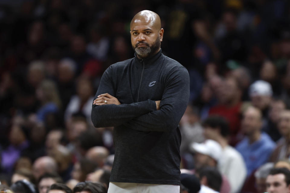 Cleveland Cavaliers head coach J.B. Bickerstaff watches during the second half of an NBA basketball game against the Charlotte Hornets, Monday, March 25, 2024, in Cleveland. (AP Photo/Ron Schwane)