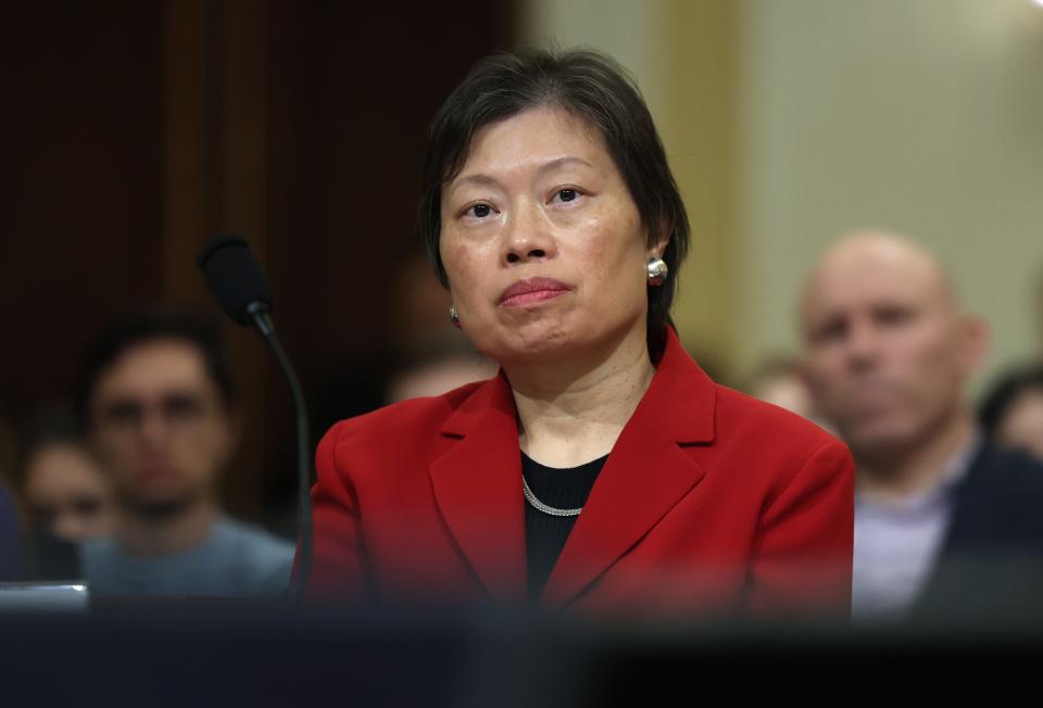Human rights activist Tong Yi testifies before a hearing of the U.S. House Select Committee on Strategic Competition between the United States and the Chinese Communist Party, at the Cannon House Office Building on February 28, 2023 in Washington, DC. The committee is investigating economic, technological and security competition between the U.S. and China.
