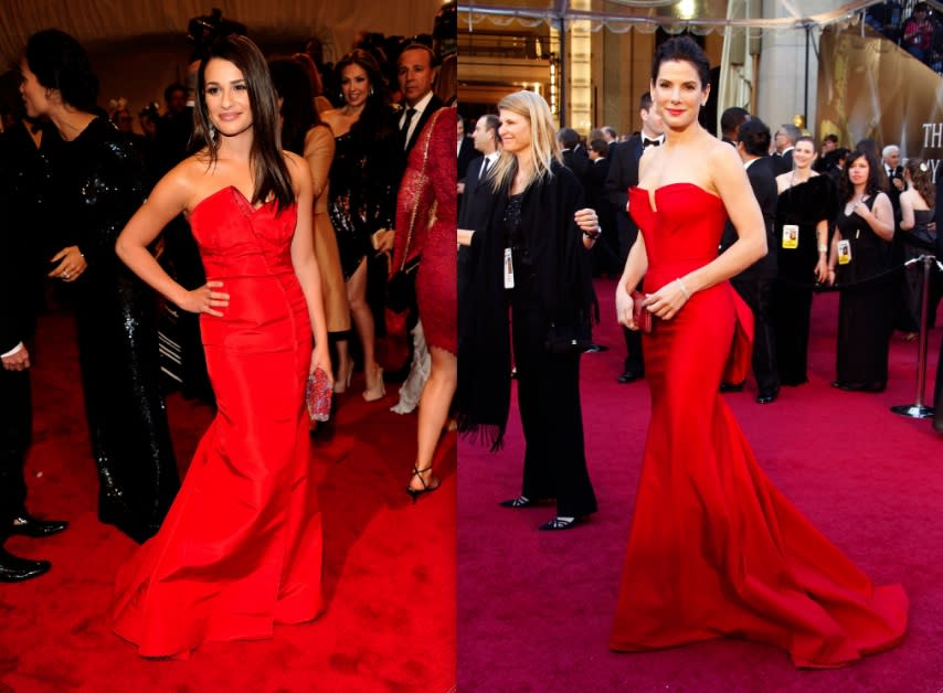 The difference here is small, but it is not insignificant; while Lea Michele's (25) beautiful red gown is wearing her (and threatening to engulf her), Sandra Bullock (47) is wearing her stunning red gown. See the contrast? (Kevin Mazur/WireImage & Jeff Vespa/WireImage)