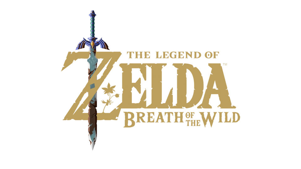 The logo for The Legend of Zelda: Breath of the Wild on a white background with a sword behind the letters